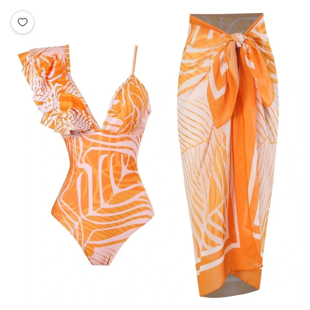 Florentine Swimsuit Set Womens L Orange New Palm Leaf Ruffle One Piece Sarong